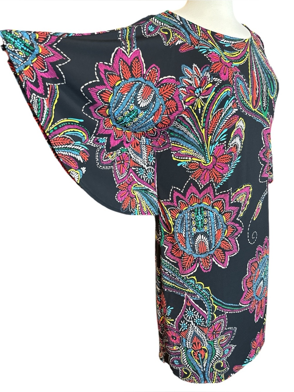 Trina Turk Black Multicolor Floral Paisley Kimono Sleeve Tunic Dress Size Medium